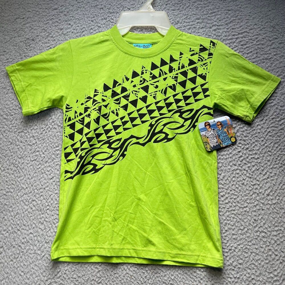 Coral Reef Shirt Youth Size 10 Green Beachwear Tribal Short Sleeve